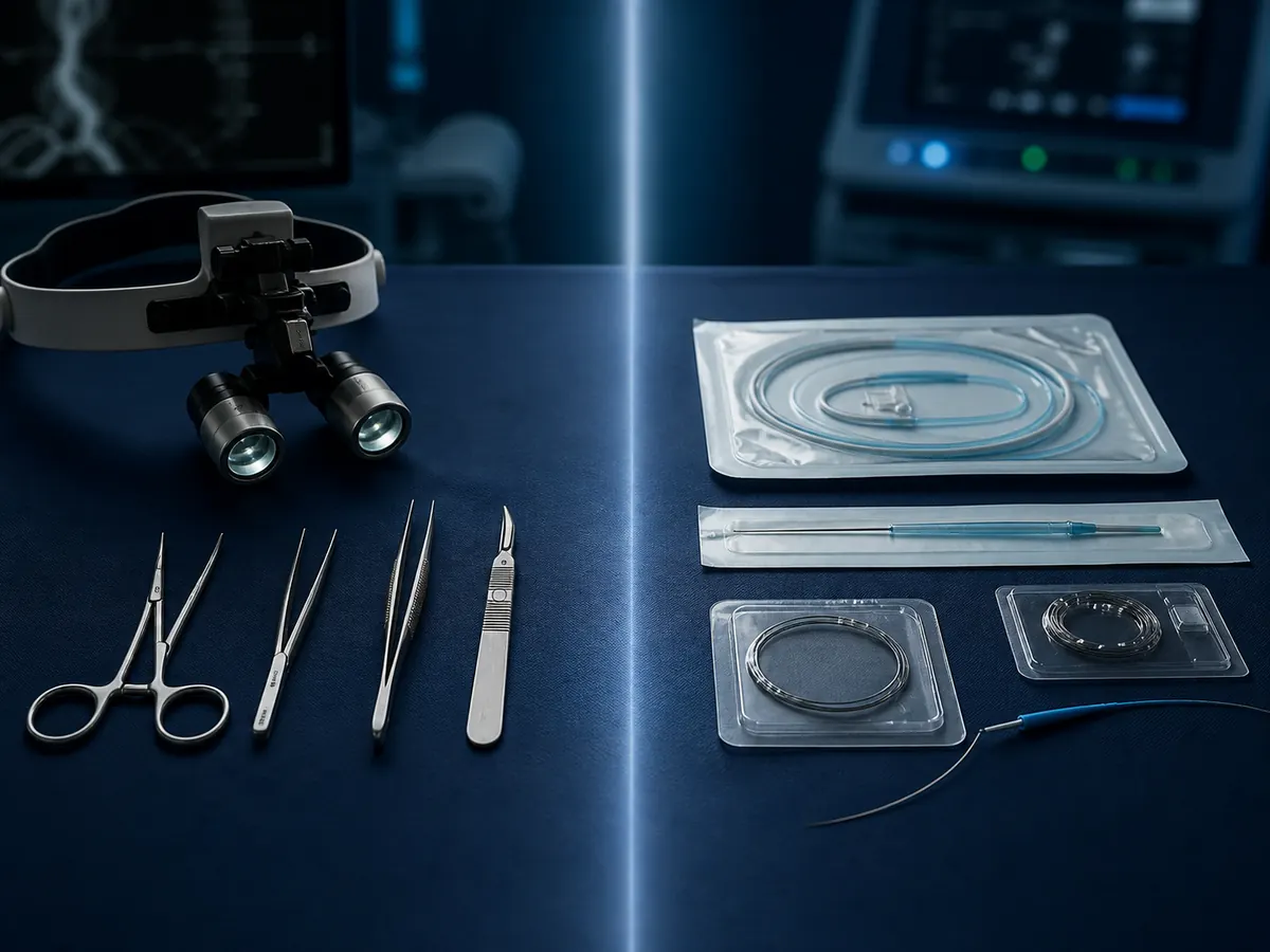 Comparación visual entre instrumental de cirugía abierta y catéteres para terapia endovascular