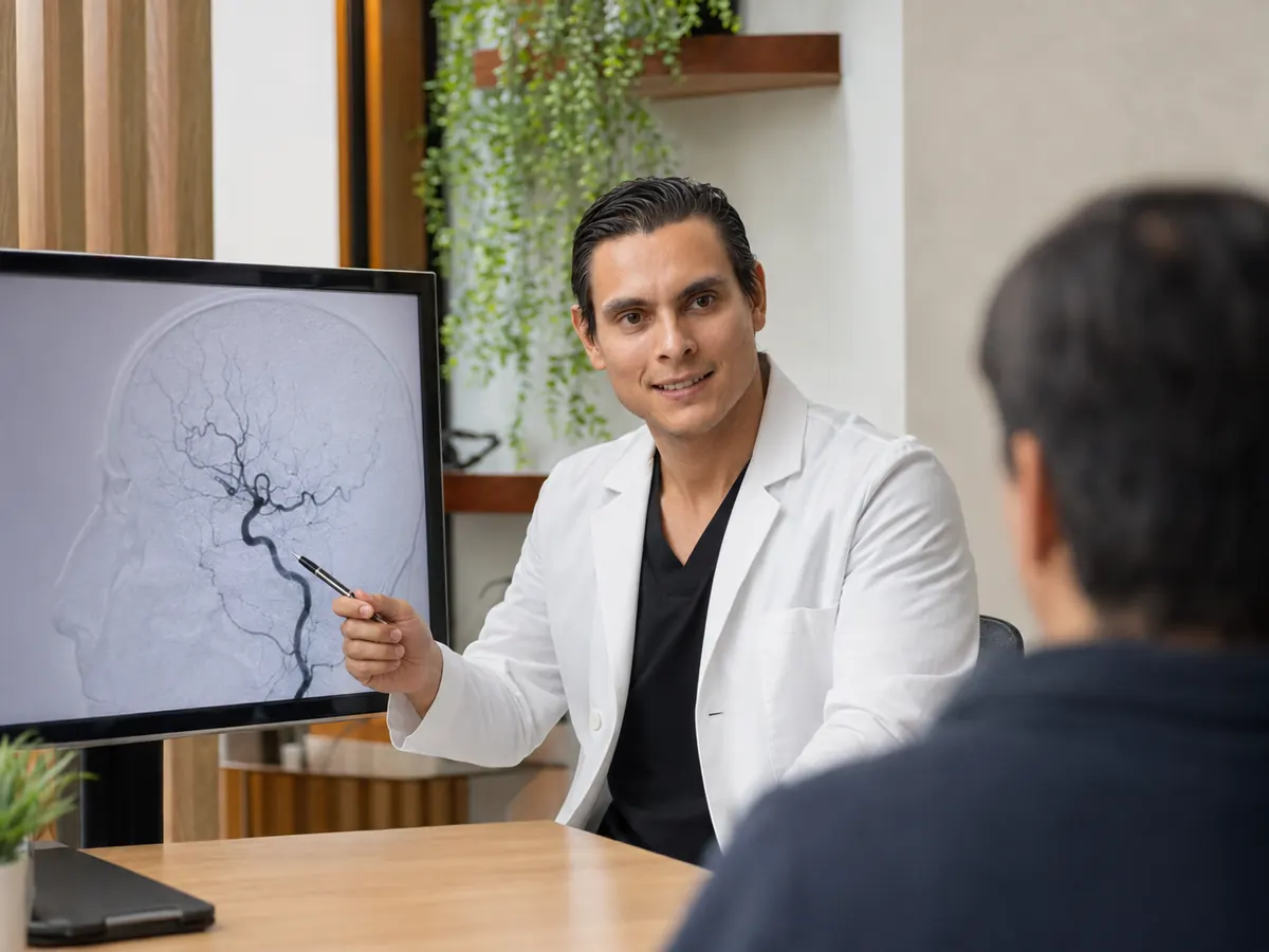 Dr. Mallyolo Pelayo explica una angiografía cerebral durante una consulta en Puebla