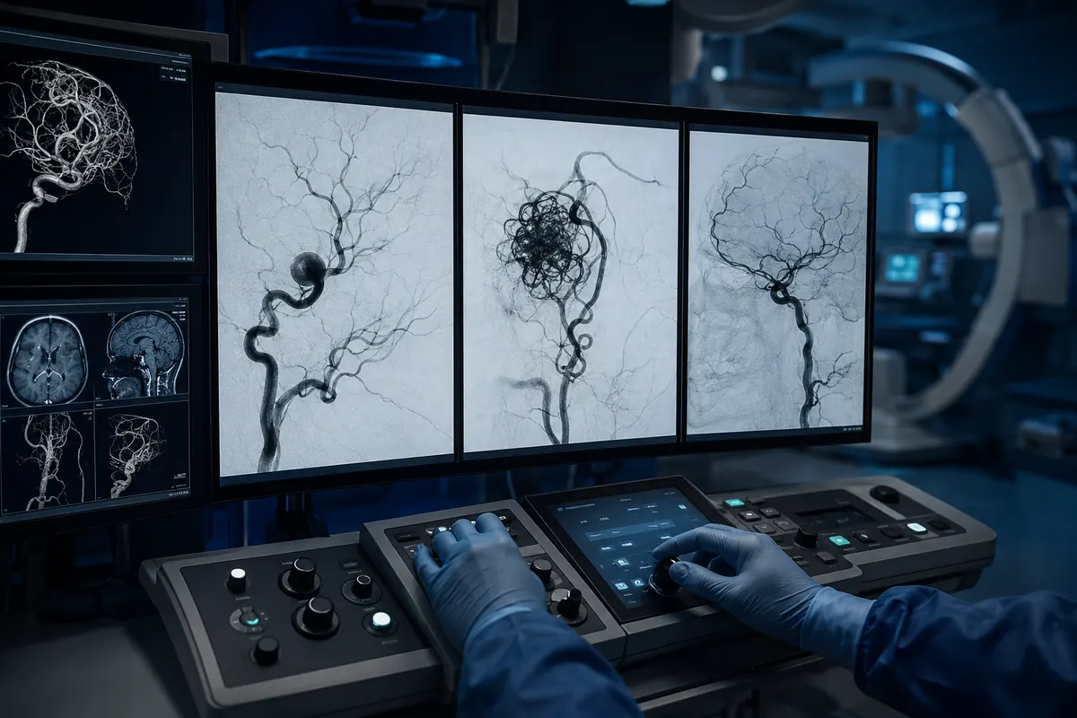 Monitores de angiografía con estudios de vasos cerebrales utilizados en terapia endovascular